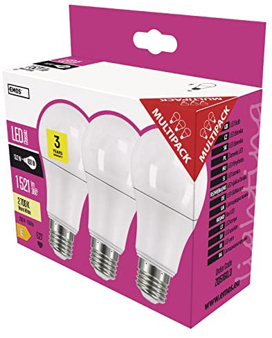EMOS LED Lampe 3er Pack, 13,2 W Ersatz für 100 W Glühbirne, A60, E27 Sockel, Helligkeit 1 521 Lumen, Warmweiß 2700 Kelvin, 30000 Stunden Lebensdauer, CRI min. 80, 180° Abstrahlwinkel