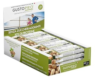 GUSTOPRO LATTE E PISTACCHIO – Barretta Proteica Senza Zucchero, Croccante, Puro Cioccolato al Latte e Pistacchio, 30% di Proteine Del Siero del Latte (Whey Protein) (24x40g)