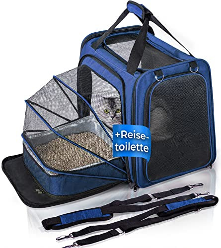 You Decide Munich Transportbox Katze mit Katzenklo für Auto-Reise, Faltbare Katzentransporttasche mit Katzentoilette (cat Litter Box), Katzentasche Plus Cat´s Premium Suite LX, Kratzfest, blau