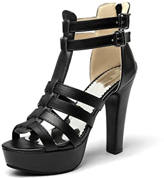 Syntetiska sexiga sandaler med peep toe med dragkedja spänne blockklack hög klack med 12 cm kväll partypumps för kvinnor stor storlek T33–372, svart, 40 EU