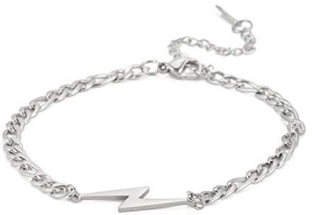 Amaxer Flash-Armband, minimalistische geometrische Anhänger-Halskette, Zick-Zack-Blitz-Anhänger, Charm-Armband für Unisex-flache kubanische Kette (Silber)