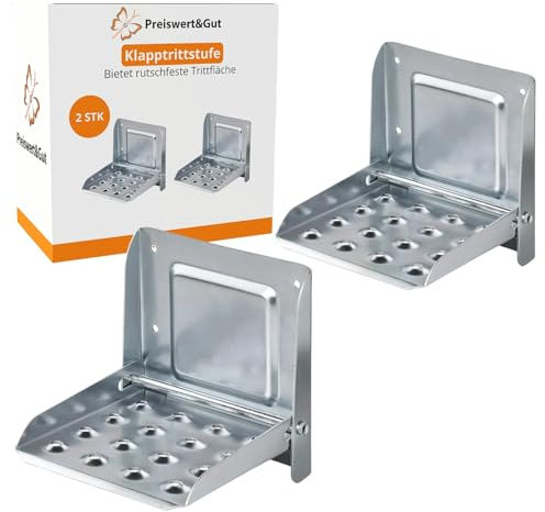 Preiswert&Gut 2X Fußrasten Trittstufen bis 150 kg – Verzinkte Klappleiter Trittstufe mit integrierter Aufklappsperre und Rutschfester Fläche 175x150 mm – Camping Steps & Trittbretter Wohnmobil