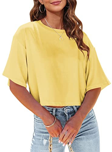 Tankaneo Damen Crop Tops Kurzarm T-Shirts Sommer Fitness Oversize Oberteile Crew Neck Bauchfrei Sportshirt