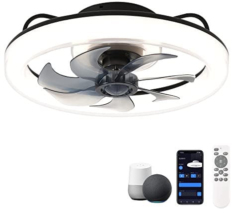 CHANFOK Smart Ceiling Fans with Lights, 20'' Low Profile Ceiling Fan with Remote and App Control, Flush Mount Ceiling Fan with Voice Control, Compatible with Alexa & Google Home (Black)