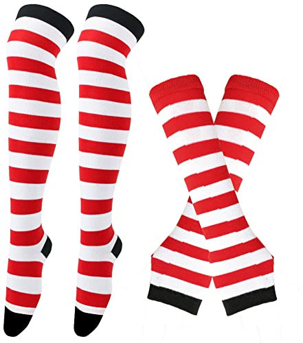 Thajaling Damen Socken,Gestreifte Warme Fingerlose Handschuhe Kniehohe Socken Set,Mädchen Cosplay Gestreifte Lange Socken Hole Fäustlinge Handschuhe für Halloween (Schwarz/Weiß/Rot)