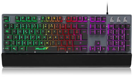 RaceGT Clavier Gamer Ergonomique-Clavier Gaming à USB Filaire, Rétro-Éclairage LED Multicolore, Repose-Poignet Amovible, FR AZERTY,12 Raccourcis Multimédia