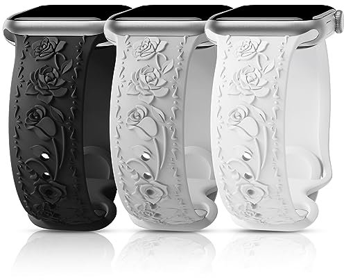 3 Stück Floral Gravierte Armband Kompatibel mit Apple Watch Band 40mm 41mm 38mm 42mm 44mm 45mm 49mm, Silikon Rose Ersatzarmband Kompatibel mit iWatch Armband Se Ultra 9 8 7 6 5 4 3 2 1 38BWG