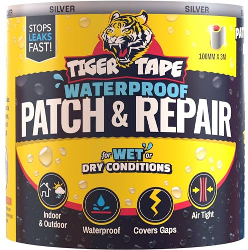 Tiger Tape® Waterproof Tape for Leaks Outdoor Use | Silver 3M X 100MM | Flashing Tape for Roofing, Gutter Seal, Pipe Leak Seal Tape, Butyl Tape Waterproof, Tent & Pond Liner Repair Kit