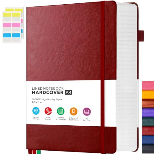 FOCUS DAY Großes Tagebuch, Notizblock für Damen und Herren, 320 Seiten, Hardcover, Lederbindung, Notizbuch, College, liniert, 100 g/m², liniertes Papier, Burgunderrot