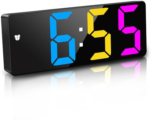 JQGO Digital Alarm Clock, Colorful Clock LED Alarm Clock Bedside Alarm Clocks Snooze Date Time Display 4 Colors Big Digit Brightness Adjustable USB&Battery Powered, Bedroom Home Office Travel-Black