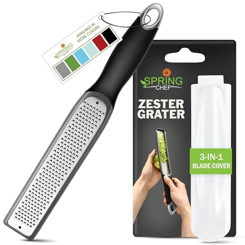 Spring Chef Stainless Steel Lemon Zester - Garlic & Ginger Grater - Gray | Premium Zester with Blade Cover, Cheese Grater with Handle for Parmesan, Nutmeg, Lime - Durable Citrus Zester, Fine Shred