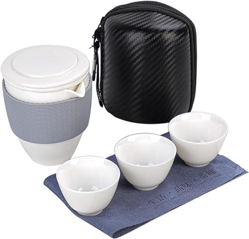 LeGDOr Théière de voyage chinoise faite à la main en porcelaine blanche avec 1 théière et 3 tasses avec sac portable pour pique-nique, hôtel d'affaires