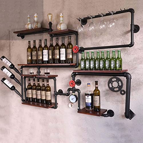Casier à vin Support de Verre à vin en métal Mural Porte-Bouteille Suspendu étagère Flottante en Bois présentoir décoratif Antique Industriel avec Lampe pour
