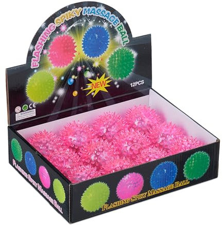 Relaxdays LED Igelball, 12er Set, blinkende Leuchtbälle mit Noppen, leuchtende LED Flummis für Kinder, Ø 6,5 cm, pink