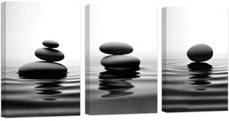 ZXHYWYM Zen Wanddekoration Schwarz und Weiß 3 teiliges Spa Steine Bild Fels Leinwanddruck friedliches Kunstwerk für Badezimmer Meditation Yoga Zimmer Büro mit Rahmen (D (28x35cmx3))
