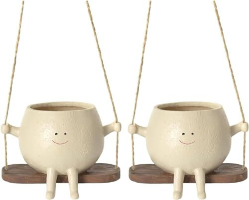 Pots De Fleurs À Suspendre, Mignon Pot De Fleurs en Résine avec Visage Sourire Et Balançoire, Pot De Fleurs À Suspendre en Résine, Décoration Murale pour Maison Bureau Balcon Jardin