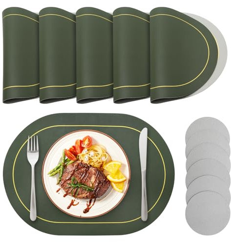 Abwaschbar Tischsets aus Leder, 6er Set Doppelseitige Oval Platzsets 40 x 30 cm mit Untersetzern, rutschfest und Wasserdicht Tischsets für Zuhause Restaurant, Grün Grau