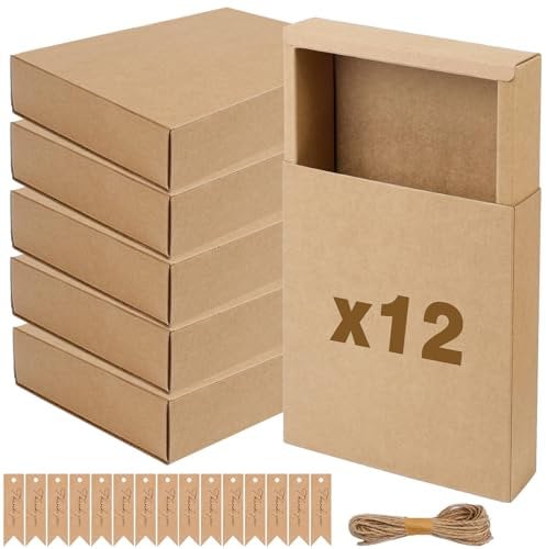 Dadabig 12 Piezas Caja de Regalo Rectangular de Cartón, Caja de Papel Kraft Marrón 19 * 16 * 4.8cm, Caja de Caramelos con Cordel de Yute y 12 Etiquetas para Navidad, Bodas, Cumpleaños