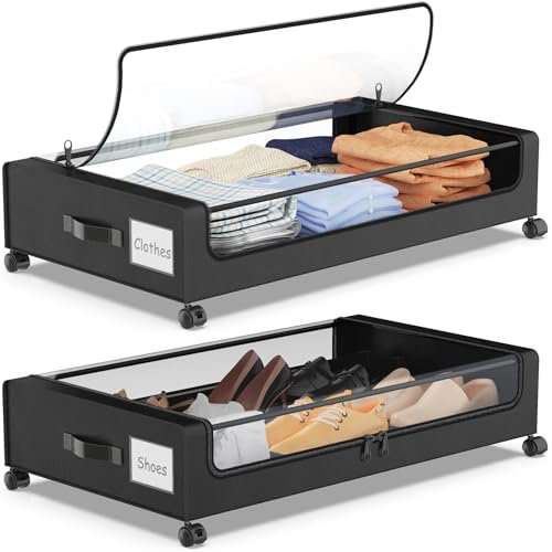 YAASHEEN Under Bed Storage with Wheels, 2-Pack Under the Bed Storage Containers with Clear Lids & Label, Underbed Storage Bins, XXL 60L Rolling Metal Drawer for Clothes, Shoes, Toys, Books - Black