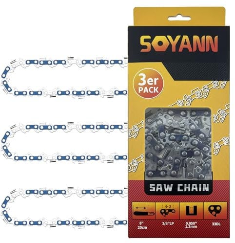 3Pcs Catena per Motosega 8Pollici (20cm), 33 Maglie, Passo 3/8, Spessore 0.050 (1,3mm), Catena di Ricambio per Motosega, Catena per Motosega Basso Rimbalzo per Greenworks, Ryobi, Ferrex, Einhell