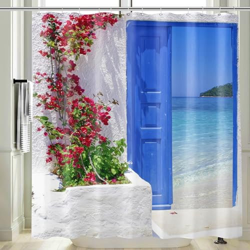Vgzsyomqib Strand Meer Duschvorhang 200x200 Lang Anti Schimmel Wasserdicht für Badewanne Stoff Shower Curtains 3D Garten Tür Blau Ocean Insel Muster Duschvorhänge Waschbar Textil mit Ringen
