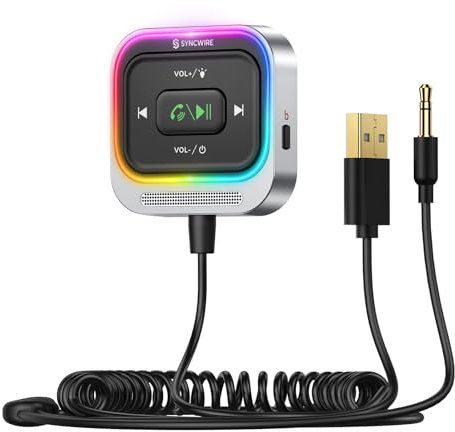 Syncwire Bluetooth 5.4 Empfänger 3.5mm Aux Autoadapter Bluetooth-Empfängerset mit Spiralkabel [Großes Mikrofon] [Geräuschunterdrückung] [Freisprechanruf] [HiFi Tiefer Bass] [Buntes Lichtschalter]