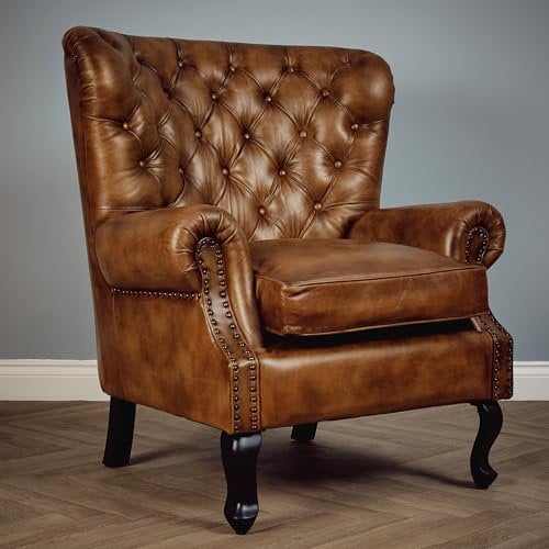Elm home and garden 100% Real Genuine Leather High Back Wing Accent Arm Chair Queen Anne Tan Brown Grey 104cm High x 85cm Wide x 88cm Deep (Brown)
