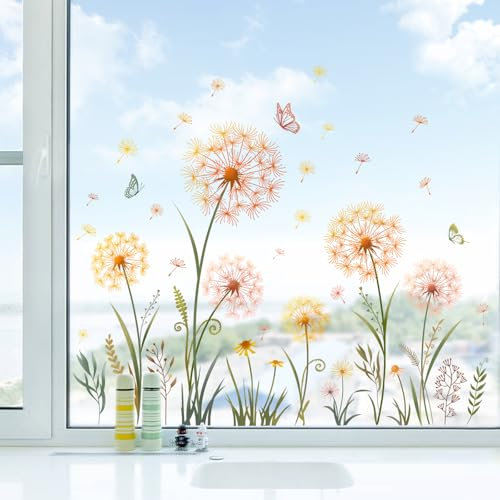 Tanlaby Gelb Löwenzahn Fensteraufkleber Pflanzen Schmetterling Fensterbilder Sommer Fenster Abziehbilder Doppelseitige Statische Anti-Kollision Fenstersticker Glastüren Fensterdeko