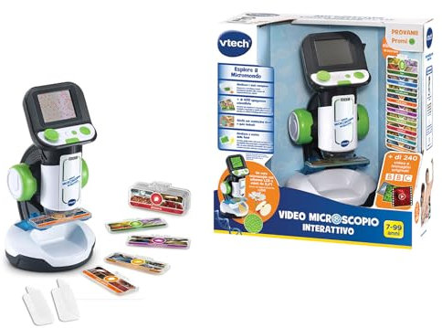 VTech Interaktives Videomikroskop, digitales Kindermikroskop mit Original-Video, 2,4-Zoll-Bildschirm, 200-facher Zoom, 9 illustrierte Gläser, microSD-Steckplatz, italienische Sprache, Batterien im