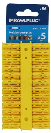 96 Pcs Yellow UNO Rawl Plugs, Universal Wall Expansion Screw Fixings, Raw Plugs for Brickwood, Stone, Tiled and Concrete Wall, Plasterboard, Wall Frame Fixing Nylon Plugs, 5mm x 24mm