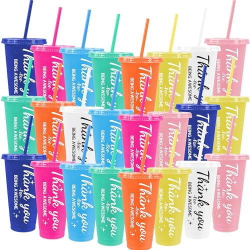 MSYU 24 Pcs Thank You Gifts Inspirational Tumbler Cup, 24 oz Colorful Tumbler with Lid and Straw Reusable Plastic Tumblers Graduation Appreciation Gift for Coworker Teacher Employee (8 Colors)