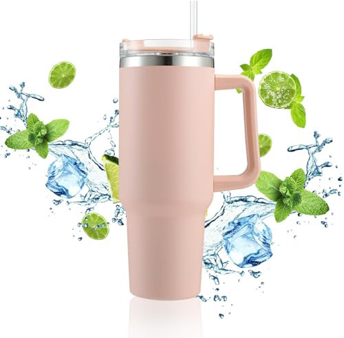 ALOUFEA Travel Mug Coffee Cup 40oz Tumbler Straw Lid and Handle, Stainless Steel Insulated Water Bottle - Leakproof, Insulated Water Bottle with Handle and Straw Cup for Home, Office, Car, Travel