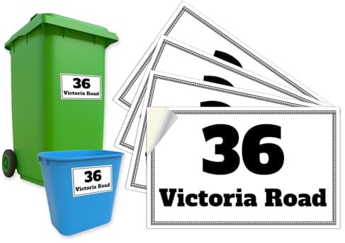4 x Personalised Waterproof Wheelie Bin Stickers | Custom Dustbin Labels with House Number & Street Name | Peel & Stick Durable Bin Stickers 100 x 150mm (Design 1)