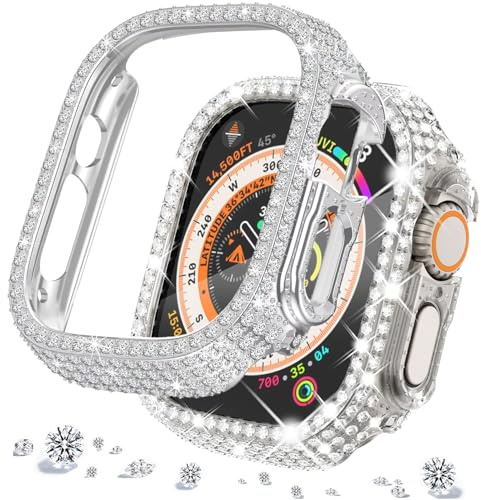 DEALELE [2-Pack] Uhrengehäuse Kompatibel mit Apple Watch Series Ultra 2 49mm / Ultra 49mm, Glitzer Full Diamant Strass Schutzhülle Anti Kratzschutz Abdeckung Gehäuse (49mm, Silber+Transparent)