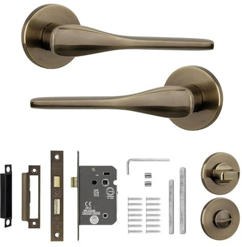 Decoranddecor Verita Antique Brass Internal Door Handles – Aluminium Handle Sets with Bathroom Door Lock and Turn Release – Elegant and Durable Design for Wooden Interior Doors in Homes and Offices