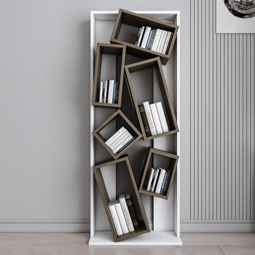 Stylish Bookshelf, White & Walnut, 63 x 153.6 x 24 cm | 100% Melamine Coated Particle Board, 18 mm Thick | Perfect for Modern Home & Office Decor