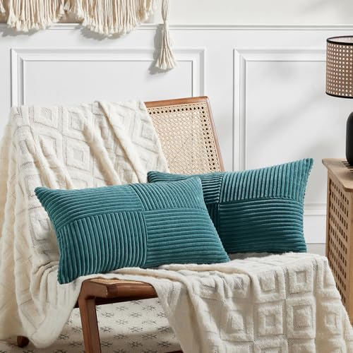 FDTERN 2er Set Blaugrün Kordsamt Kissenbezug 40x70 Weich Moderne Dekorative Kissenbezüge Kissenhülle Dekokissenbezug Sofakissen Dekokissen Boho Deko für Sofa Schlafzimmer Wohnzimmer Bett