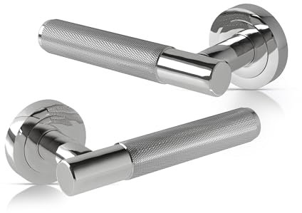 IRONWORX® Polished Chrome Door Handles | Diamond Cut, Machined Knurled Textured Design, Premium Lever on Round Sprung Rose Door Handle Set, Enhanced Grip & Comfort, Easy to Install, For Internal Doors