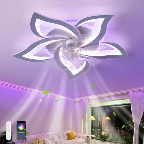 GWYAJTU Lampadario Ventilatore RGB A Colore Variabile, Ventola Soffitto Con Luce Reversibile 6 Velocità, Lampadario Con Pale Silenziosa Dimmerabile Led Per La Camera Dei Bambini-RGB Bianco