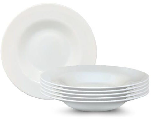 UNIQUE HOME LIVING 28.5cm Pasta Plate Set of 6, White Porcelain Plates, Serving Dish Pasta and Soup Bowls for Kitchen Tableware, Microwave & Dishwasher Safe