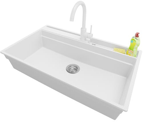 PRIMAGRAN Evier Cuisine en Granit Blanc 88x53cm, Lavabo 1 bac + Kit de Vidage, Évier à Encastrer al mueble 90cm - Oslo Pocket S281