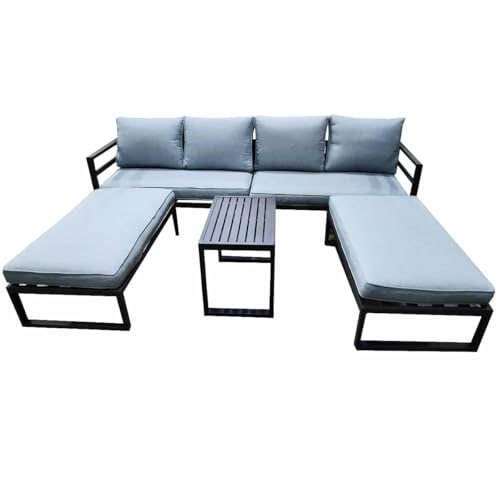 Nustone Outdoor Garden Lounger Sofa Set with Coffee Table and Footstools, 10cm Thick Cushions, Grey Aluminium Frame, Seats 4 People in Grey