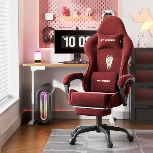 WoRaum Chaise Gaming Chaise Ergonomique Bureau,Fauteuil Game Repose-Pieds Rétractable & Dossier Réglable,Confort Tissu Velours, Rouge