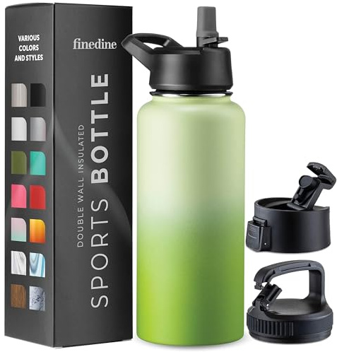 Triple Walled, Insulated Water Bottles with Straw Lid/Flip Top Lid/Wide Mouth Cap - Stainless Steel Metal Bottle for Travel, School, Sports, Gym (Dreamy Green, 950 ml)