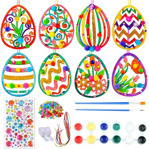 118 Stück Ostern Basteln Set, mit Holzanhänger Ostern zum Bemalen mit Farben, Pinsel, Bänder, Ostereier Deko, Holzeier Anhänger, DIY Handwerk Geschenk für Junge Mädchen, Osterdekoration