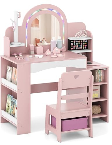 FANTASK 2 in 1 Schminktisch Kinder Set, Schreibtisch Holz mit Buntem Spiegel & Bücherregal, Prinzessin Frisiertisch mit Regalen, Schmuckhalter & Stoffbox, Kosmetiktisch für Mädchen ab 3 Jahren (Rosa)