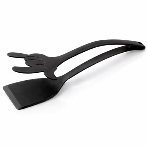 BOAA Plastic Spatula Tongs - 2-in-1 Reversible Tongs & Kitchen Turner with Hand Design - Heat-resistant Kitchen Aid for Pan, Wok & Salad - 32.5 cm (Black)