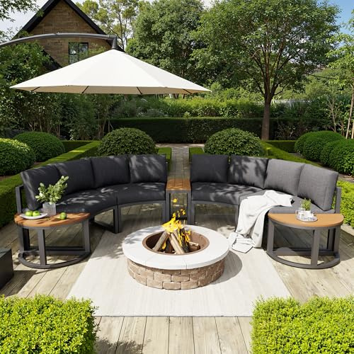 YSMerax Gartenmöbel-Set für 8-12 Personen, Garten Loungesessel Set, Bequeme Gartenmöbel mit grauen Sitzpolstern und Kissen, verstellbare Beine, Elegantes rundes Sofa (Grau, Set für 8-12 Personen)