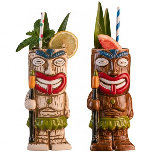 Wilafury Juego de 2 tazas de cóctel Tiki, tazas Tiki de cerámica de diseño único, vasos hawaianos para decoración de fiestas tropicales, copas de cóctel para bar en casa, estilo 1