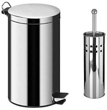 Optimal Products Stainless Steel Pedal Bin For Kitchen Bathroom Toilet Home Office Rubbish Paper Basket Tray Toilet Brush (Shiny Chrome, 3 Litre Bin & Toilet Brush Set)